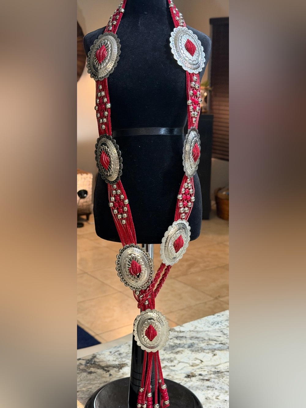 Vintage Western Red Suede Concho Belt Gold or Silver Beaded Fringe Cowgirl READ